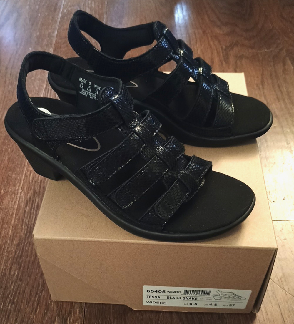 Orthofeet Tessa Orthopedic Black Snake Strappy Sandals Size 6.5 D 2.25" Heel New